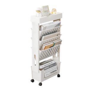 5 tier mobile bookshelf rolling book rack with wheels, removable storage bookcase slim rolling storage book cart for students teachers and adult in school home office