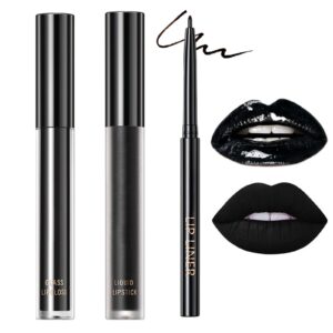 3pcs black lipstick kit, matte lipstick+glossy lip gloss+lip liner pencil, long wear velvet black liquid lipstick make up gift set
