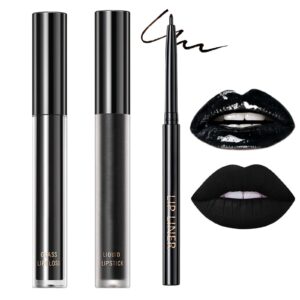 3Pcs Black Lipstick Kit, Matte Lipstick+Glossy Lip Gloss+Lip Liner Pencil, Long Wear Velvet Black Liquid Lipstick Make up Gift Set