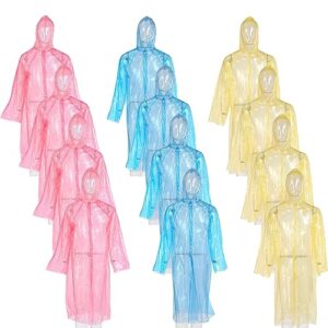 aywvrbst 12 pack disposable clear rain ponchos with hood for adults,51.1 inches emergency raincoats for camping hiking traveling (red, yellow, blue)