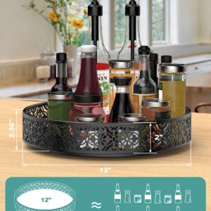 Lazy Susan Organizer, 12 Inch Lazy Susan Turntable for Cabinet, Turntable Organizer for Pantry Vanity Tray Countertop Spice Rack Kitchen Bathroom, Large Lazy Susan with 2 Removable Liners, Black