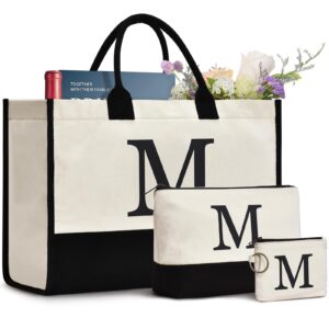 gassda initial canvas tote bag, birthday gifts for women, monogram personalized gifts for women mom teachers bridesmaids (m 3pcs)