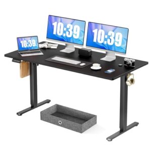 standing desk with drawer, 63 x 24 inch home office electric stand up desk with drawer storage, height adjustable sit stand ergonomic computer desk with wire hole and hook for workstation, study