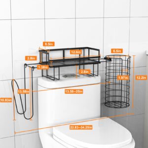 Multifunctional Over The Toilet Storage Shelf with Paper Holder, Bathroom Organizer Shelf Above Toilet Storage with Storage Rack, Adjustable Toilet Storage Rack, No Drilling Space Saver, Metal Black