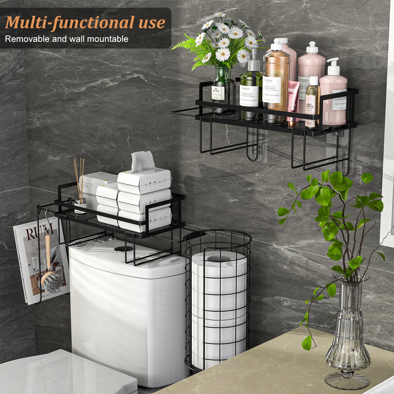 Multifunctional Over The Toilet Storage Shelf with Paper Holder, Bathroom Organizer Shelf Above Toilet Storage with Storage Rack, Adjustable Toilet Storage Rack, No Drilling Space Saver, Metal Black