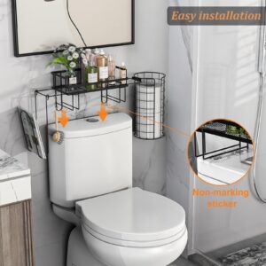 Multifunctional Over The Toilet Storage Shelf with Paper Holder, Bathroom Organizer Shelf Above Toilet Storage with Storage Rack, Adjustable Toilet Storage Rack, No Drilling Space Saver, Metal Black