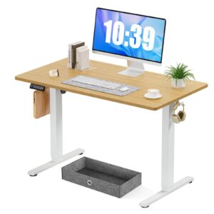 standing desk with drawer, 40 x 24 inch home office electric stand up desk with drawer storage, height adjustable sit stand ergonomic computer desk with wire hole and hook for workstation, study