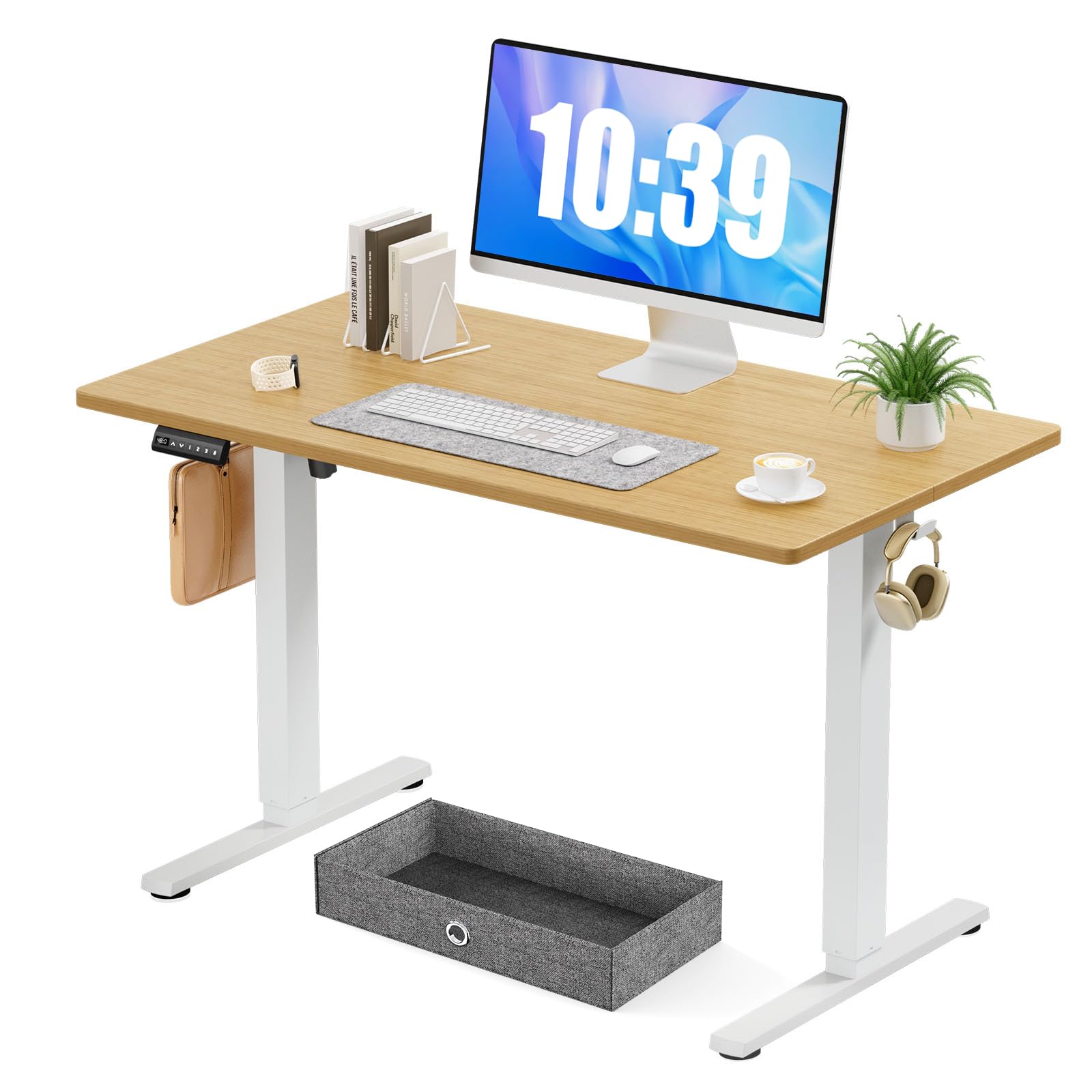 Standing Desk with Drawer, 40 x 24 Inch Home Office Electric Stand Up Desk with Drawer Storage, Height Adjustable Sit Stand Ergonomic Computer Desk with Wire Hole and Hook for Workstation, Study