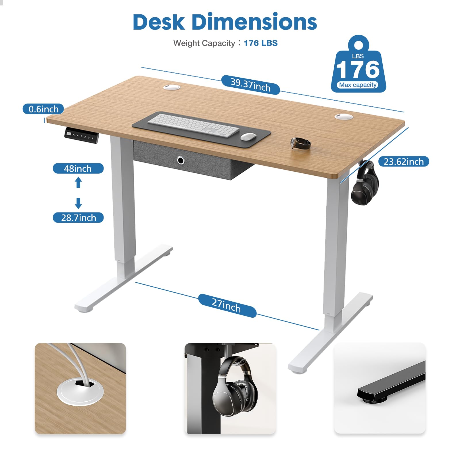 Standing Desk with Drawer, 40 x 24 Inch Home Office Electric Stand Up Desk with Drawer Storage, Height Adjustable Sit Stand Ergonomic Computer Desk with Wire Hole and Hook for Workstation, Study