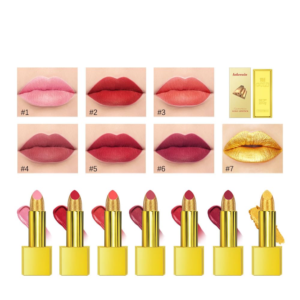 BEUKING Gold Lipstick Velvet Nude Red Pink Lip Tint Non-Smudge High Pigment Not Fade Smooth Long-Lasting Wear Non-Stick Cup Waterproof Matte Lady Lip Gloss for Girl Women Lady Daily Lip Makeup (#7)