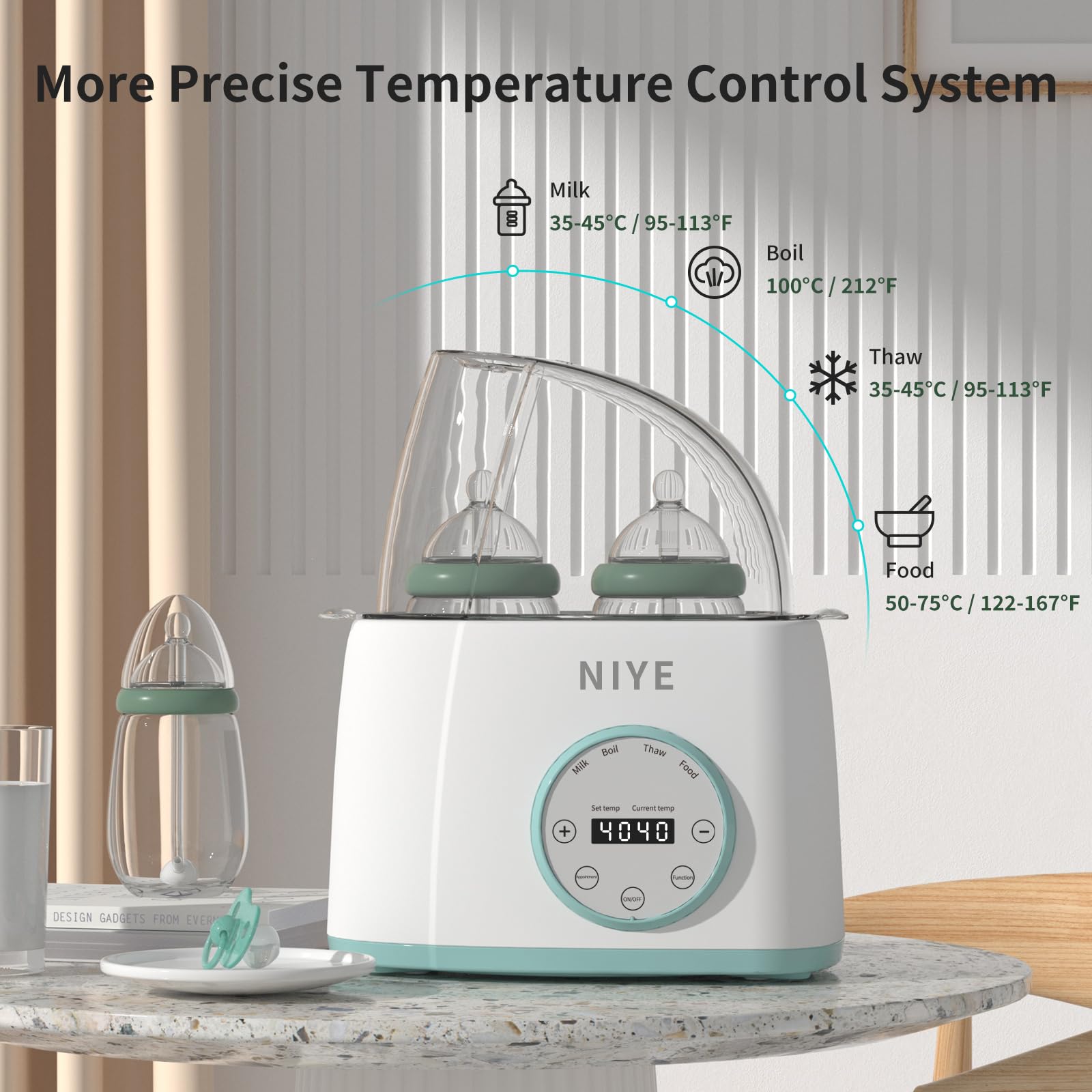 NIYE Double Bottle Warmer for Breastmilk Baby Bottle Warmers for All Bottles for Travel Portable Milk Warmer On The Go,Heating,Thawing&Boiling, Accurate Temperature Adjustment, 24h Constant Mode