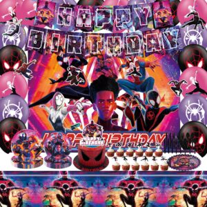 miles morales birthday party supplies, miles morales party decoration include banner, backdrop, hanging swirls, balloons, tablecloth, cake toppers, tableware, miles morales party favors