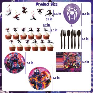 Miles Morales Birthday Party Supplies, Miles Morales Party Decoration Include Banner, Backdrop, Hanging Swirls, Balloons, Tablecloth, Cake Toppers, Tableware, Miles Morales Party Favors