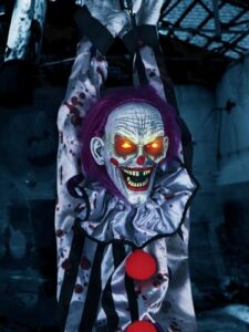 scary clown halloween decorations outdoor hanging talking clown animatronics with light up red eyes, sound & touch activated for indoor yard haunted house decor