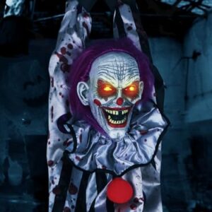 Scary Clown Halloween Decorations Outdoor Hanging Talking Clown Animatronics with Light Up Red Eyes, Sound & Touch Activated for Indoor Yard Haunted House Decor