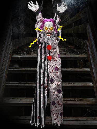 Scary Clown Halloween Decorations Outdoor Hanging Talking Clown Animatronics with Light Up Red Eyes, Sound & Touch Activated for Indoor Yard Haunted House Decor