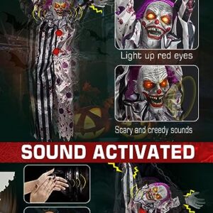 Scary Clown Halloween Decorations Outdoor Hanging Talking Clown Animatronics with Light Up Red Eyes, Sound & Touch Activated for Indoor Yard Haunted House Decor