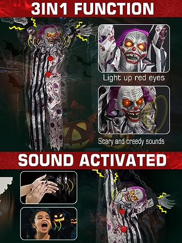 Scary Clown Halloween Decorations Outdoor Hanging Talking Clown Animatronics with Light Up Red Eyes, Sound & Touch Activated for Indoor Yard Haunted House Decor