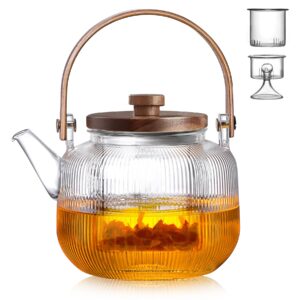 1000ml(33.8oz) glass teapot kettle with 2 type removable infuser and wooden lid, borosilicate glass tea pot gas & electric stovetop safe, tea maker for loose leaf & blooming tea, 2 way for boiling tea