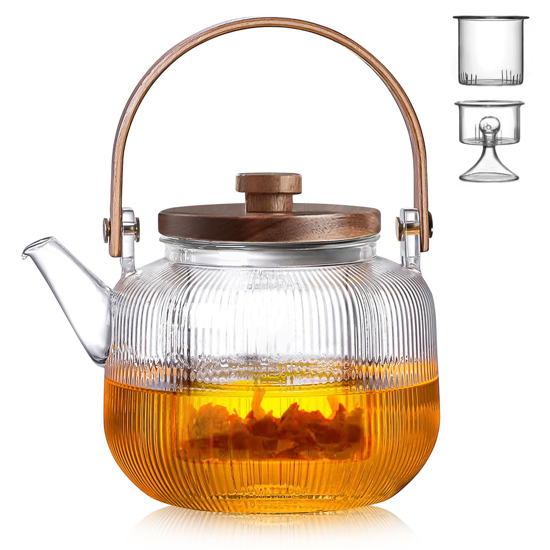 1000ml(33.8oz) Glass Teapot Kettle with 2 Type Removable Infuser and Wooden Lid, Borosilicate Glass Tea Pot Gas & Electric Stovetop Safe, Tea Maker for Loose Leaf & Blooming Tea, 2 Way for Boiling Tea