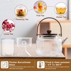 1000ml(33.8oz) Glass Teapot Kettle with 2 Type Removable Infuser and Wooden Lid, Borosilicate Glass Tea Pot Gas & Electric Stovetop Safe, Tea Maker for Loose Leaf & Blooming Tea, 2 Way for Boiling Tea