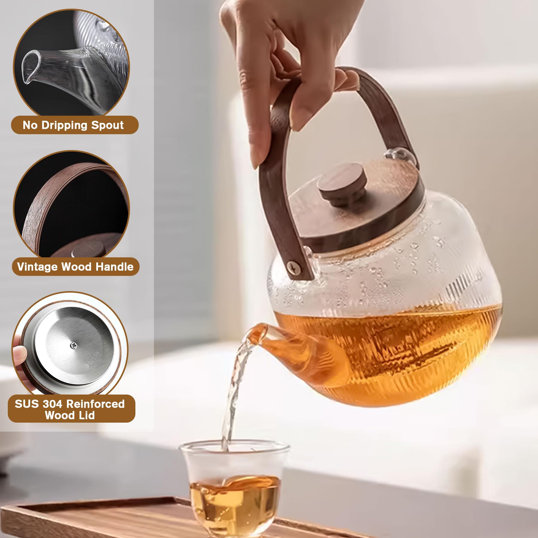 1000ml(33.8oz) Glass Teapot Kettle with 2 Type Removable Infuser and Wooden Lid, Borosilicate Glass Tea Pot Gas & Electric Stovetop Safe, Tea Maker for Loose Leaf & Blooming Tea, 2 Way for Boiling Tea