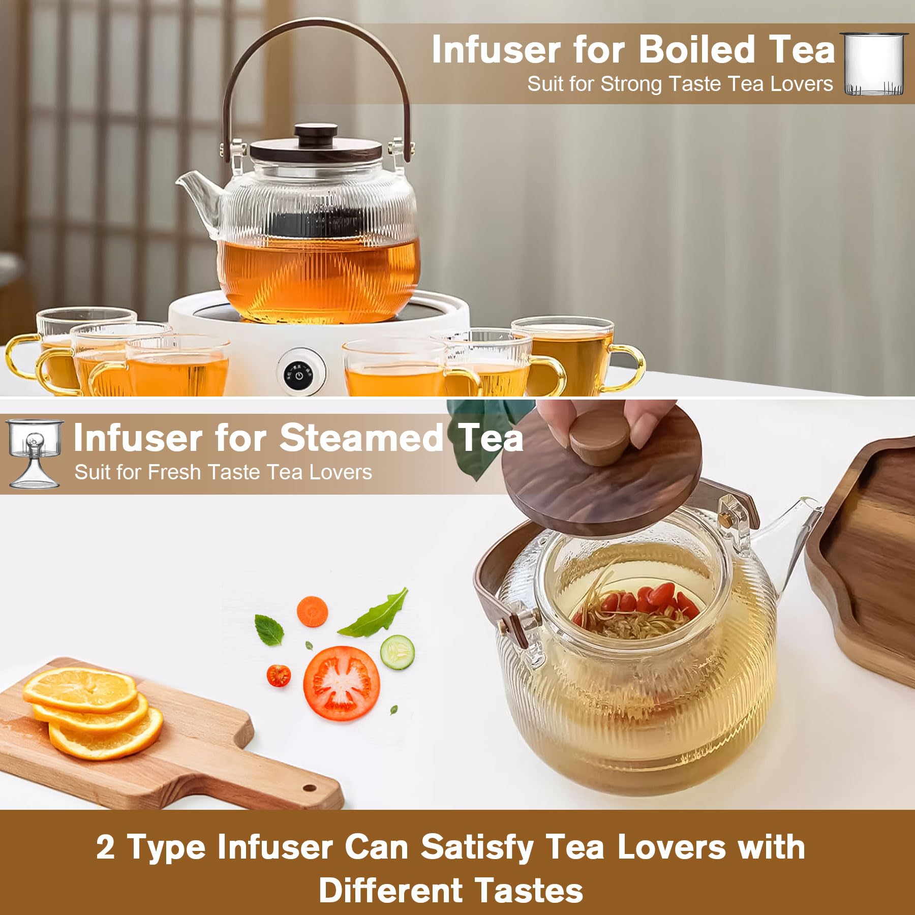 1000ml(33.8oz) Glass Teapot Kettle with 2 Type Removable Infuser and Wooden Lid, Borosilicate Glass Tea Pot Gas & Electric Stovetop Safe, Tea Maker for Loose Leaf & Blooming Tea, 2 Way for Boiling Tea