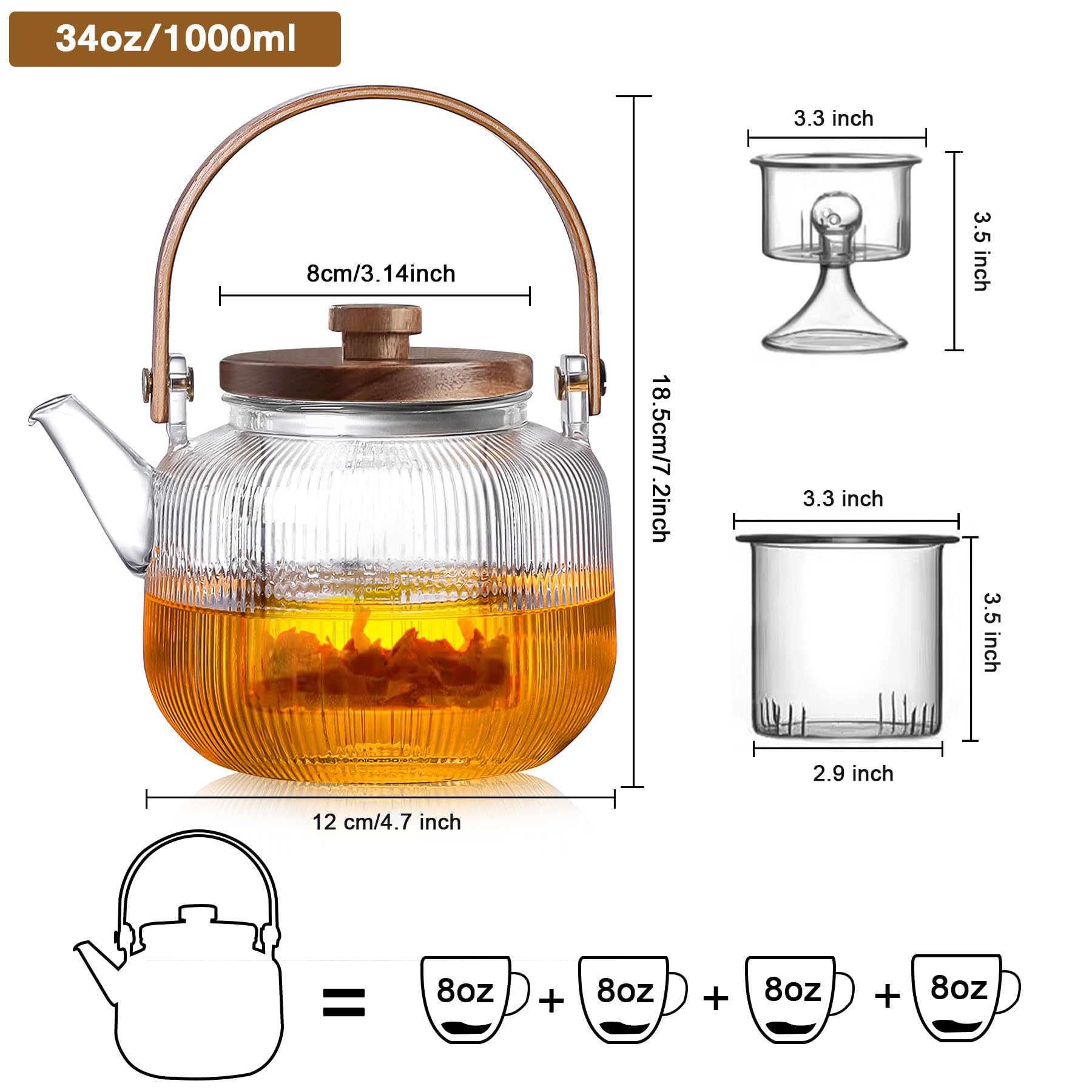 1000ml(33.8oz) Glass Teapot Kettle with 2 Type Removable Infuser and Wooden Lid, Borosilicate Glass Tea Pot Gas & Electric Stovetop Safe, Tea Maker for Loose Leaf & Blooming Tea, 2 Way for Boiling Tea