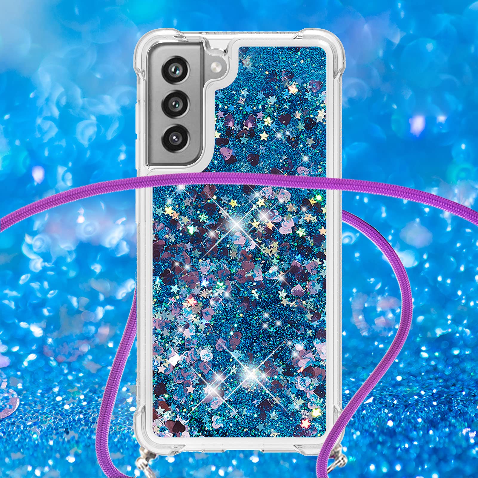 Asuwish Phone Case for Samsung Galaxy S21 FE 5G with Screen Protector and Crossbody Strap Bling Liquid Glitter Clear Slim Protective Cell Cover S 21 EF S21FE5G UW S21FE 21S G5 6.4 inch Women Blue