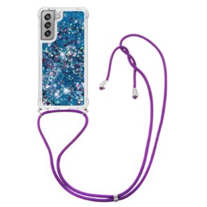 Asuwish Phone Case for Samsung Galaxy S21 FE 5G with Screen Protector and Crossbody Strap Bling Liquid Glitter Clear Slim Protective Cell Cover S 21 EF S21FE5G UW S21FE 21S G5 6.4 inch Women Blue