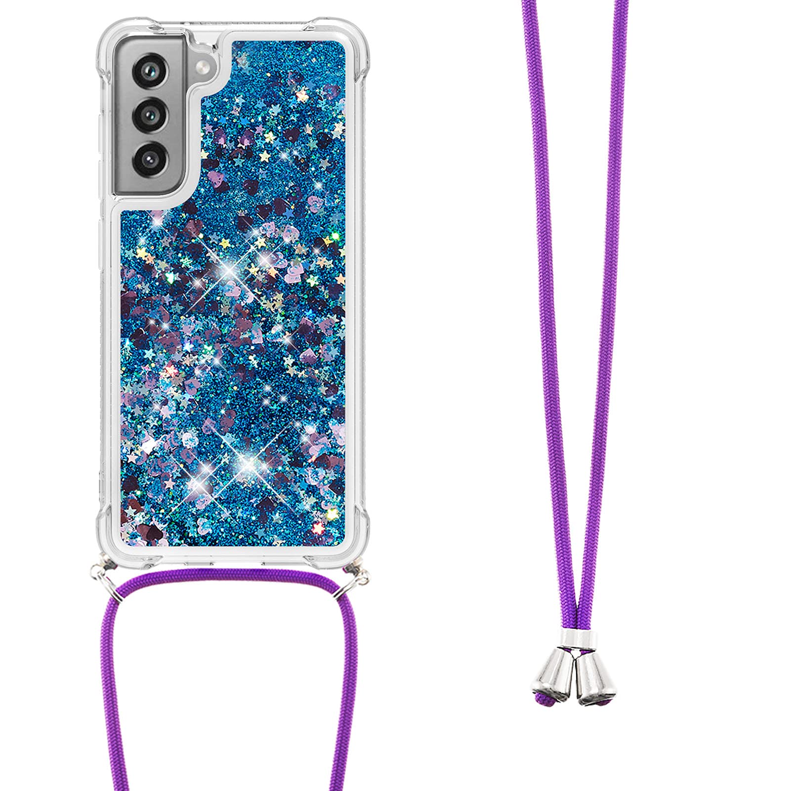 Asuwish Phone Case for Samsung Galaxy S21 FE 5G with Screen Protector and Crossbody Strap Bling Liquid Glitter Clear Slim Protective Cell Cover S 21 EF S21FE5G UW S21FE 21S G5 6.4 inch Women Blue