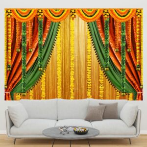 Lofaris India Pooja Photography Backdrop Puja Ganpati Pooja Traditional Mehndi Festival Background Decorations Wedding Party Marigold Garlands Photo Props 6x4ft