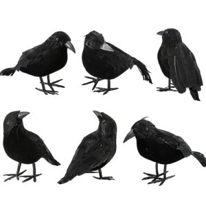 abakuku 6 pack halloween crow decorations - realistic handmade crow black feathered crow, halloween crows and ravens decor, scary black ravens birds for outdoors and indoors halloween decor