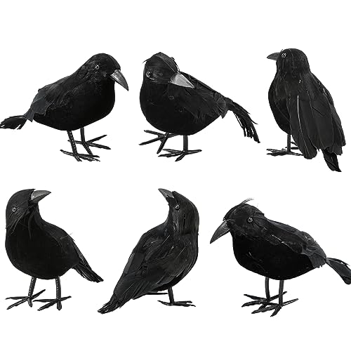 Abakuku 6 Pack Halloween Crow Decorations - Realistic Handmade Crow Black Feathered Crow, Halloween Crows and Ravens Decor, Scary Black Ravens Birds for Outdoors and Indoors Halloween Decor