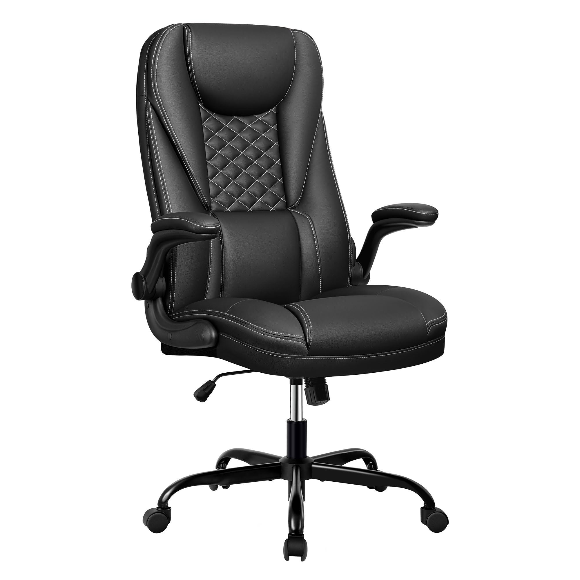 Guessky Office Chair, Big and Tall Office Chair Executive Office Chair Ergonomic Leather Chair with Lumbar Support High Back Home Office Desk Chairs Computer Chair with Adjustable Flip-Up Arms (Black)