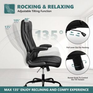 Guessky Office Chair, Big and Tall Office Chair Executive Office Chair Ergonomic Leather Chair with Lumbar Support High Back Home Office Desk Chairs Computer Chair with Adjustable Flip-Up Arms (Black)