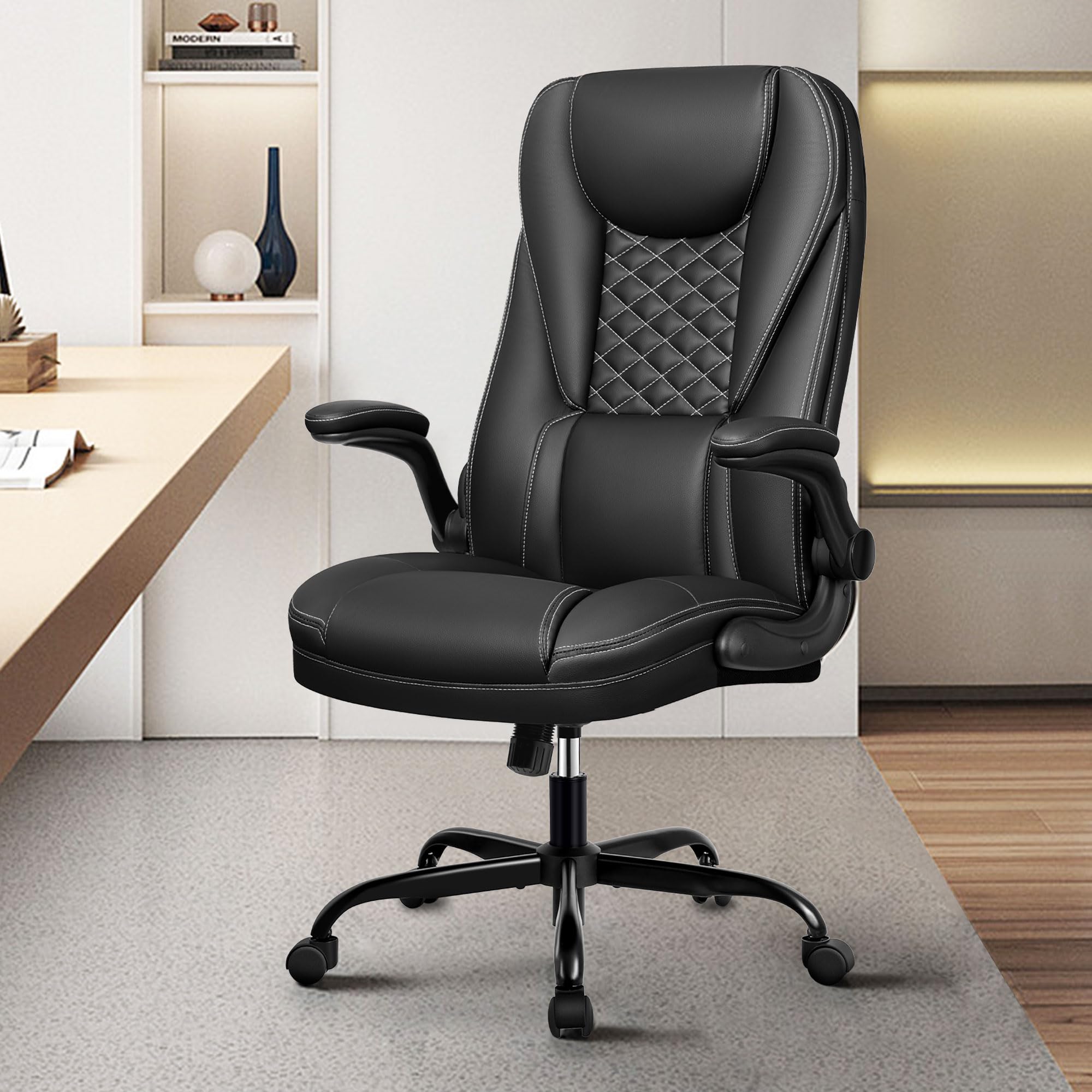 Guessky Office Chair, Big and Tall Office Chair Executive Office Chair Ergonomic Leather Chair with Lumbar Support High Back Home Office Desk Chairs Computer Chair with Adjustable Flip-Up Arms (Black)