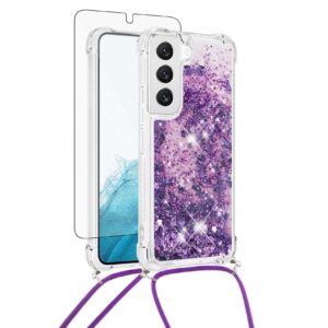 asuwish phone case for samsung galaxy s23 plus s23+ 5g with screen protector crossbody strap bling liquid glitter clear slim protective cell cover s23plus 23s + s 23 23+ sm-s916u 6.6 inch women purple