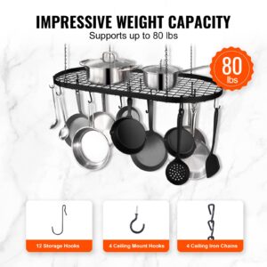 VEVOR 36 inch Carbon Steel Hanging Pot Rack, Ceiling Mount, 20 S Hooks, 80 lbs Loading Weight, Ideal for Home, Restaurant, Kitchen Cookware, Utensils