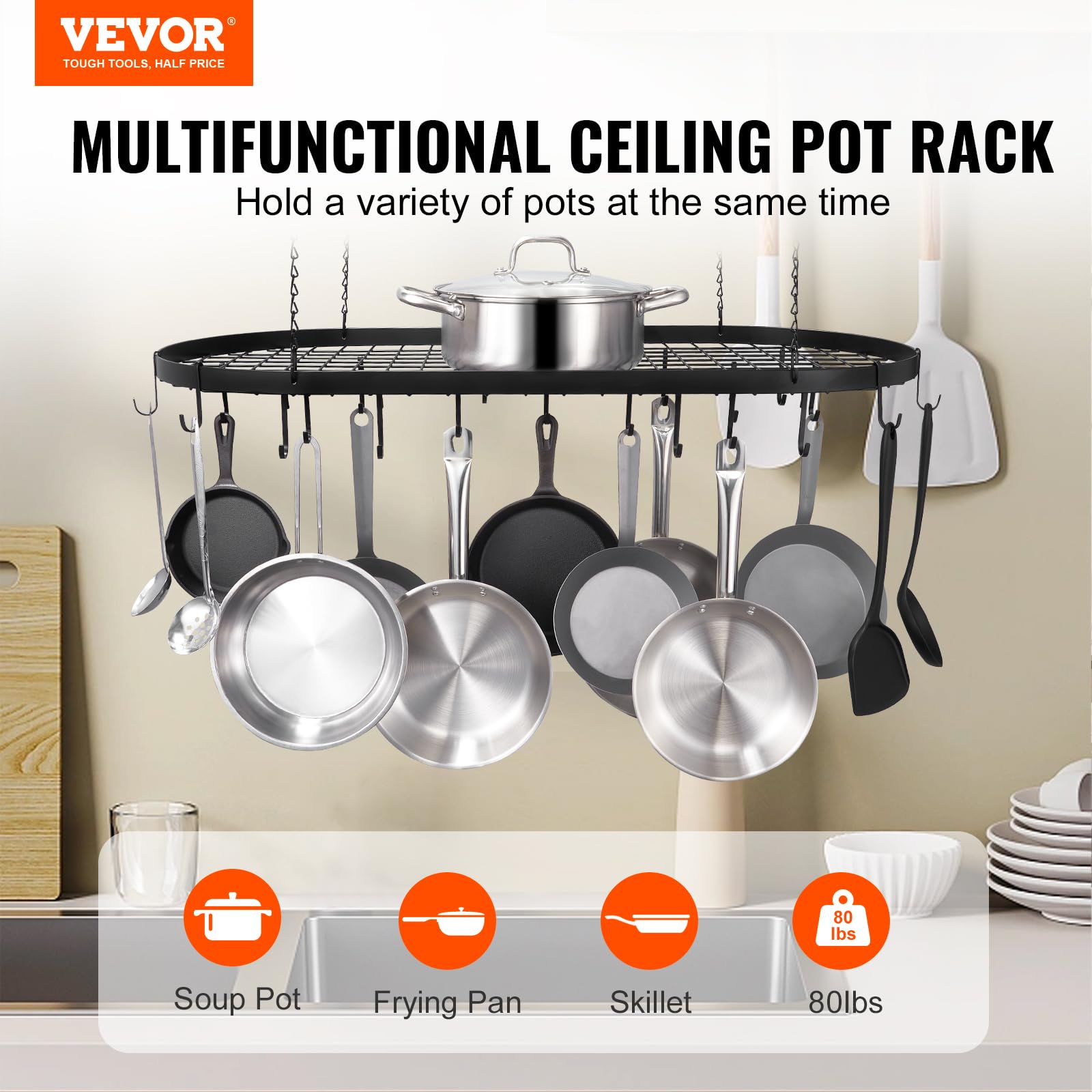 VEVOR 36 inch Carbon Steel Hanging Pot Rack, Ceiling Mount, 20 S Hooks, 80 lbs Loading Weight, Ideal for Home, Restaurant, Kitchen Cookware, Utensils