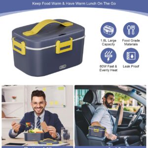 Dicorain Electric Lunch Box, 80w 1.8L Heated Lunch Box for Truck/Car/Office/Home/Work, 12/24/110v 3 In 1 Portable Food Warmer Lunch Box with Removable SS Container, Fork & Spoon (Dark Blue)