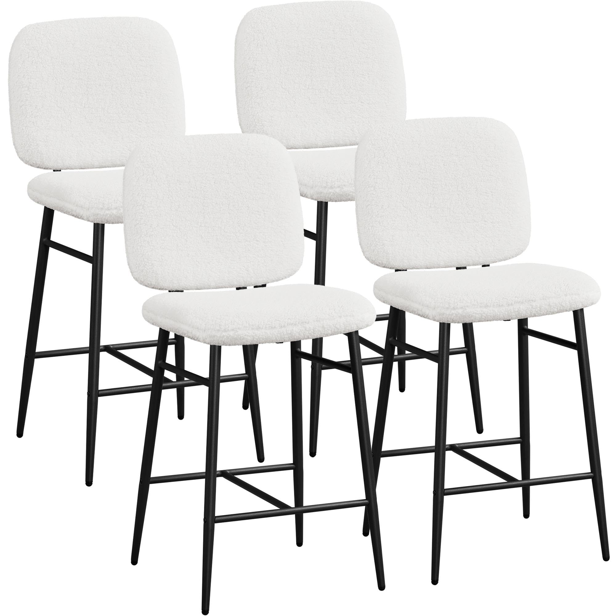 Yaheetech Bar Stools Set of 4 Boucle Stool Fabric Counter Height Bar Stools Upholstery Bar Chairs with Metal Legs for Pub Kitchen Dining Room Bar, White