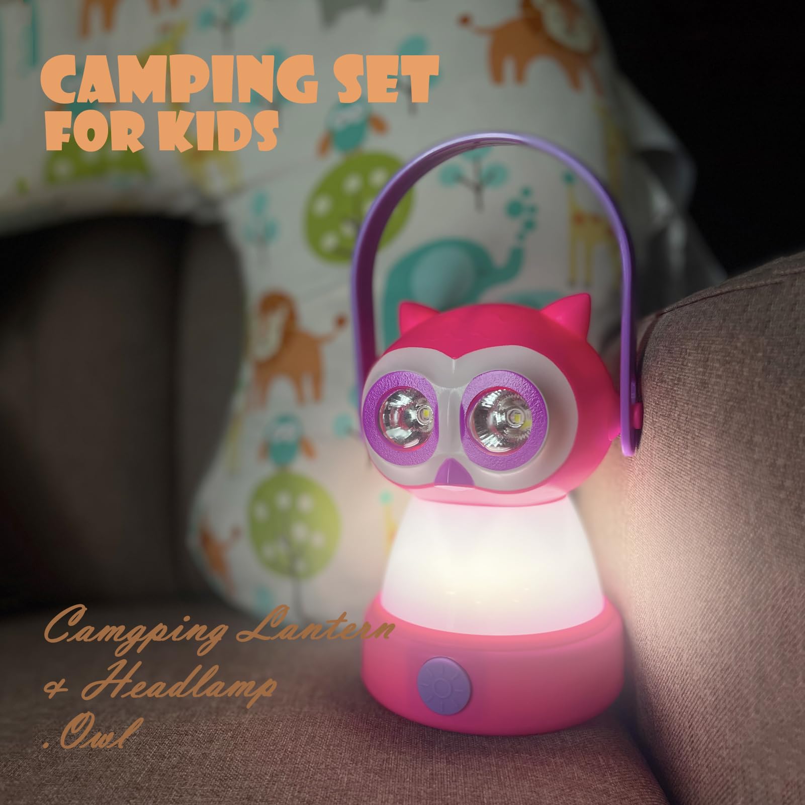 Outdoor Equipment LED Camping Lantern & Headlamp Set for Kids, FANT.LUX Battery Powered Night Light for Emergency, Hurricane, Lightweight Tent Lamp (Pink Owl Set)