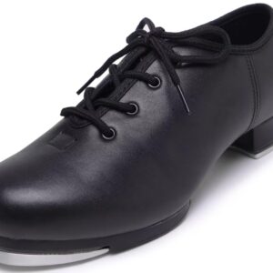 Jazz Tap Shoes for Woman: Leather Lace Up Tap Dance Shoes for Girls and Adult - Flat Heel Split Sole Tap Jazz Shoes for Boys and Man Black