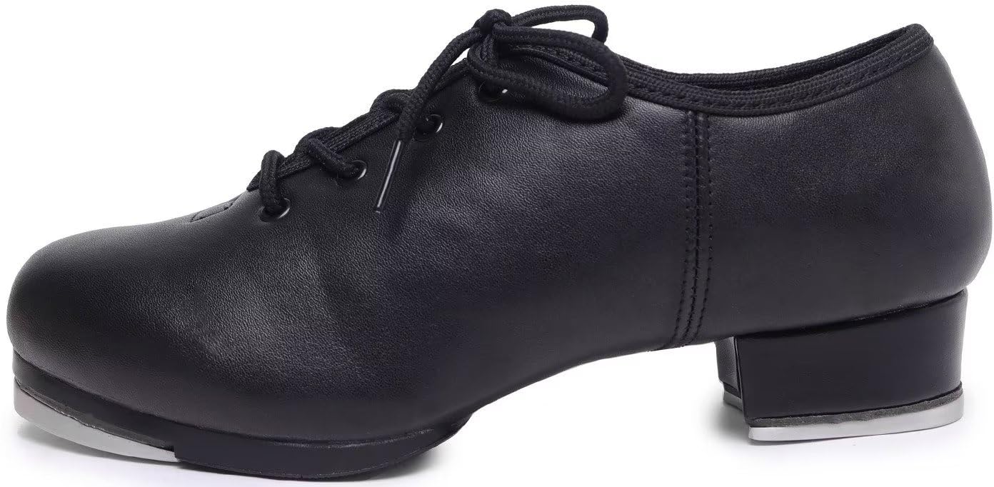 Jazz Tap Shoes for Woman: Leather Lace Up Tap Dance Shoes for Girls and Adult - Flat Heel Split Sole Tap Jazz Shoes for Boys and Man Black