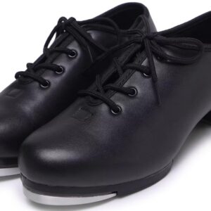 Jazz Tap Shoes for Woman: Leather Lace Up Tap Dance Shoes for Girls and Adult - Flat Heel Split Sole Tap Jazz Shoes for Boys and Man Black