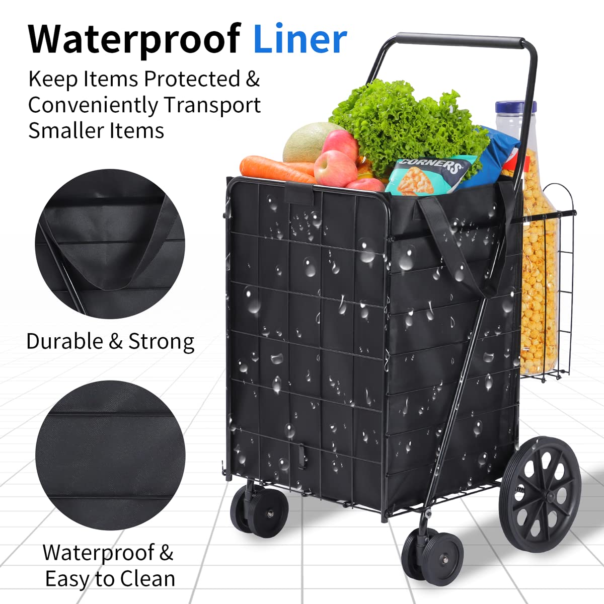 Upgraded Shopping Cart w/ 360° Swivel Wheels & Waterproof Basket Liner for Groceries, Shopping Laundry - Foldable Collapsible & Lightweight - Extra Large Heavy Duty Utility Cart