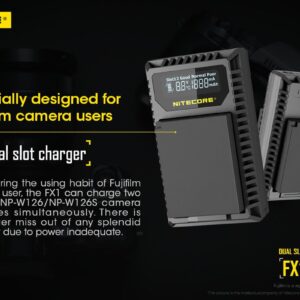 Nitecore FX1 2-Slot Digital Charger and NC-BP004 Battery Bundle Compatible with Fujifilm NP-W126 and NP-W126S Batteries