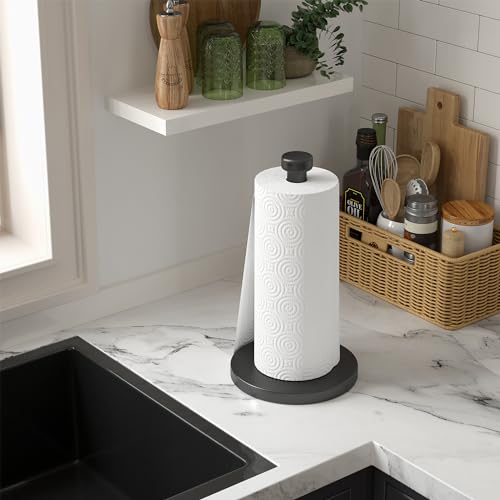 Waissdea Paper Towel Holder Countertop, Kitchen Paper Towel Roll Holder with Weighted Base, Free Standing Paper Towel Holder Stand for Standard or Jumbo-Sized Rolls，WPTH003BK，Black