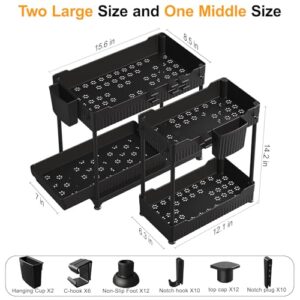 Sevenblue 3 Pack Under Sink Organizer, 2-Tier Multi-Use Kitchen Bathroom Organizers and Storage with Sliding Drawer, Bathroom Cabinet Organizer with Hooks and Hanging Cups, Black